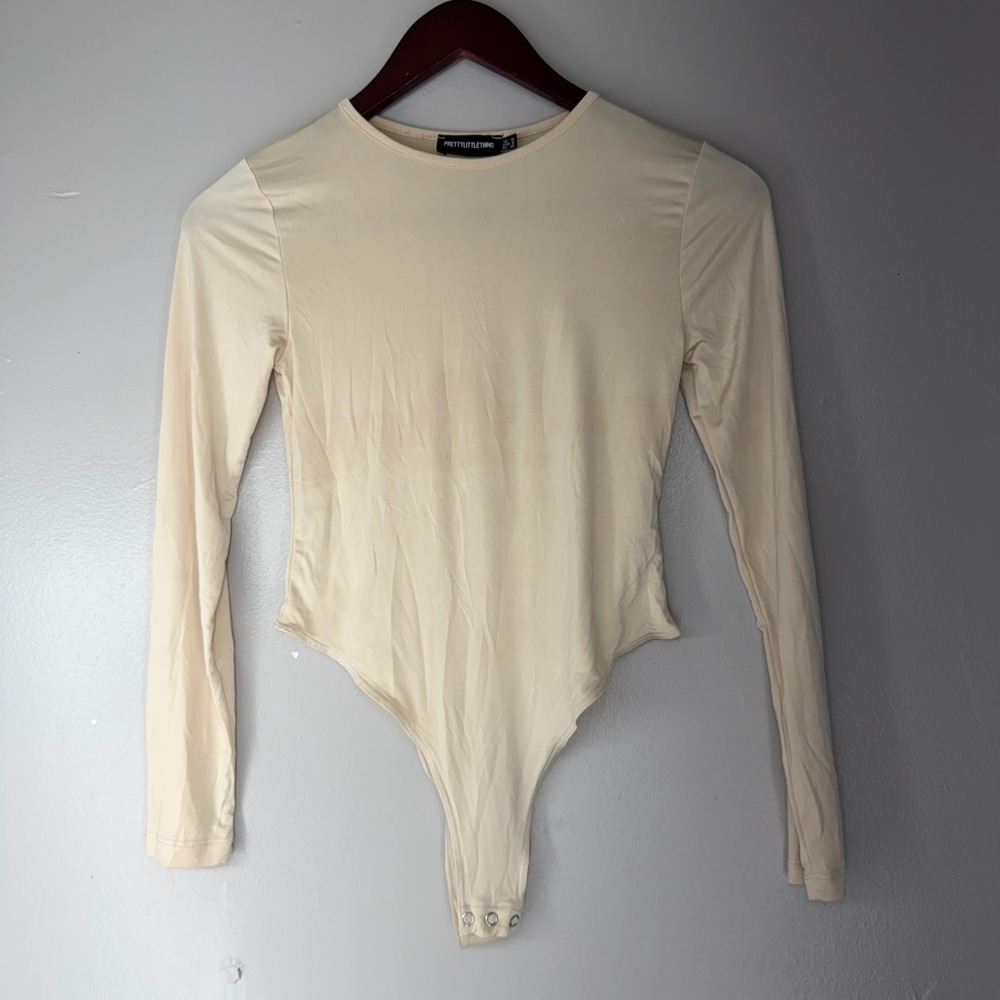 PrettyLittleThing Womens Long Sleeve Bodysuit Cream Beige Nude Size 6 Crew Neck